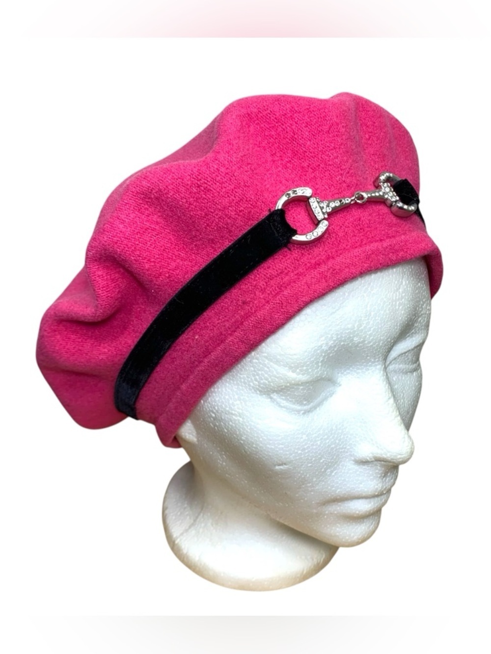 Parkhurst Hot Pink Beret with Black Velvet Band and Silver Accent